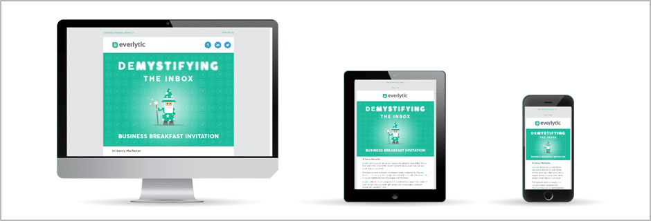 An email campaign banner showing three different screen sizes.