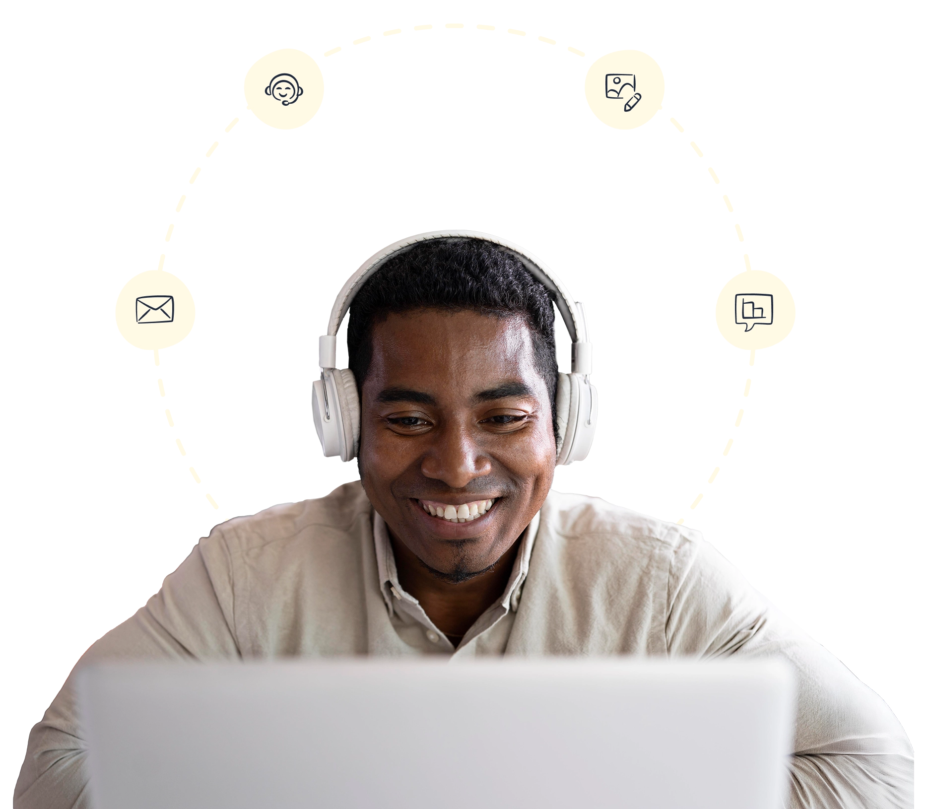 Person working on a laptop wearing headphones and icons floating behind him demonstrating an enterprise email marketing platform