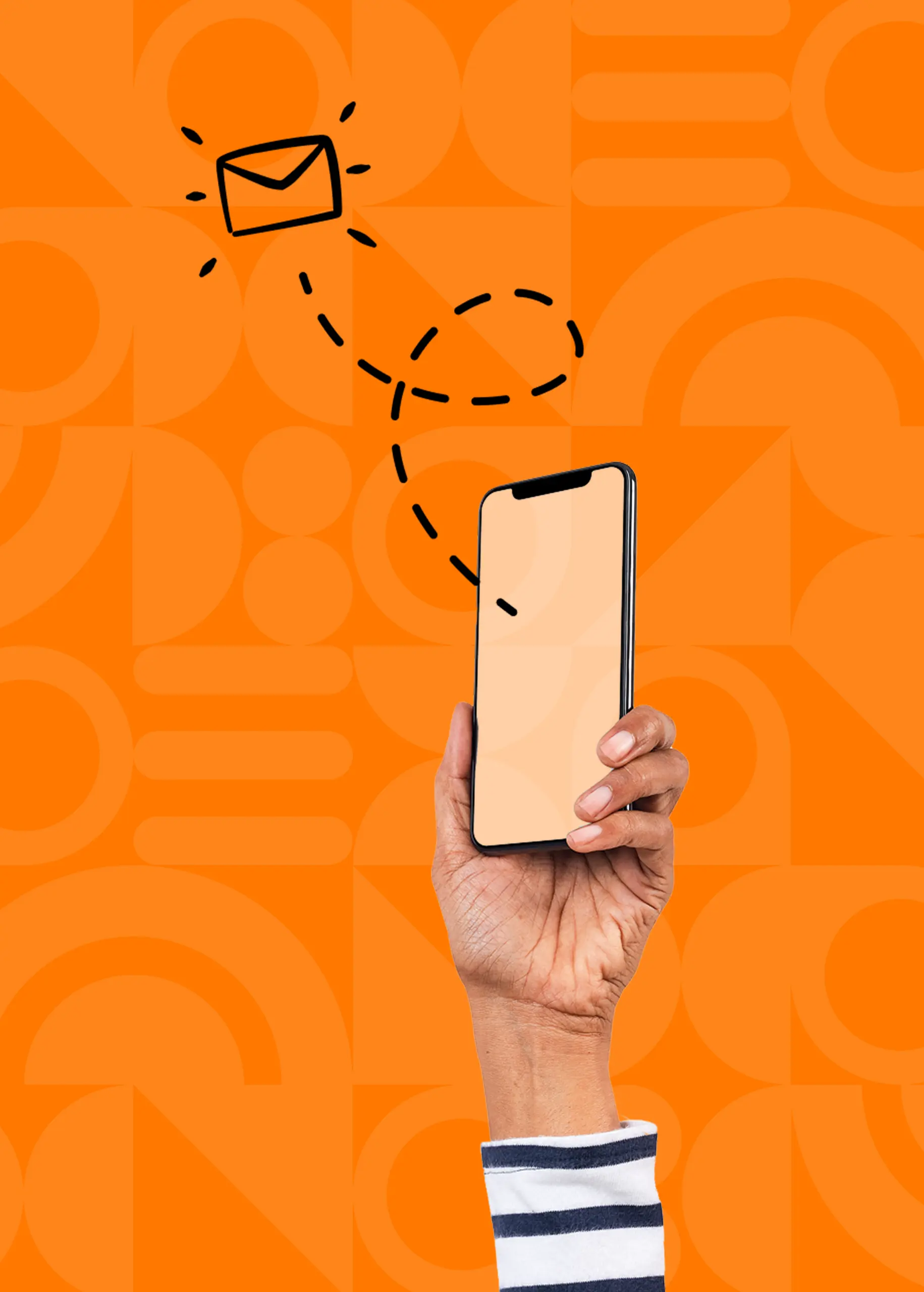 A graphic image of a person holding a phone with an orange background.