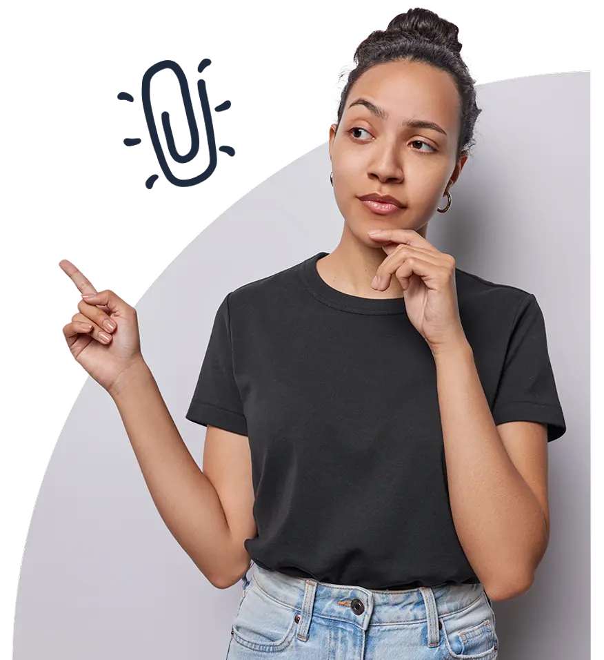 A young lady with her hand on her chin in deep thought will pointing with her other hand.