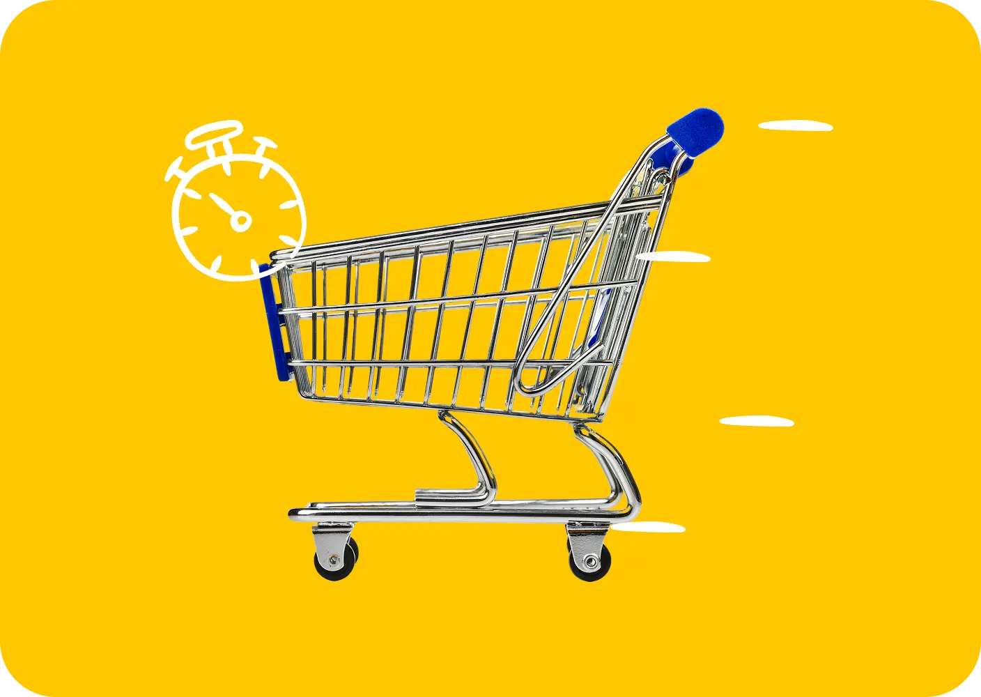 A graphic of a trolly with a speed watch on a yellow background.