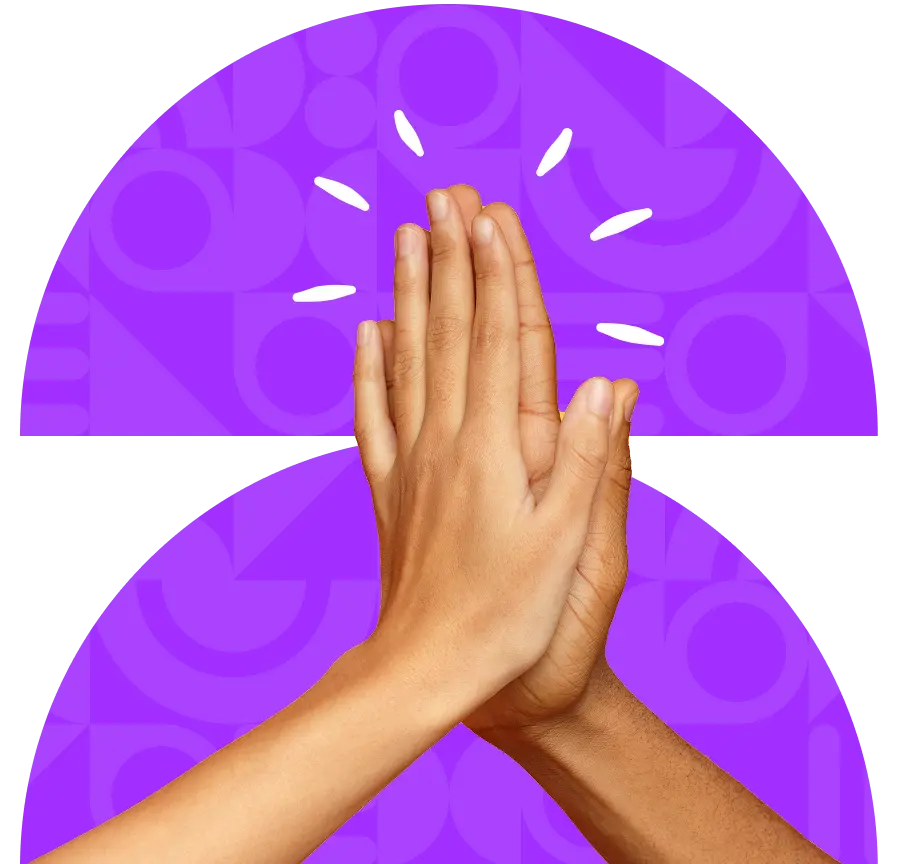 A graphic image of two people high-fiving each other with a purple background.