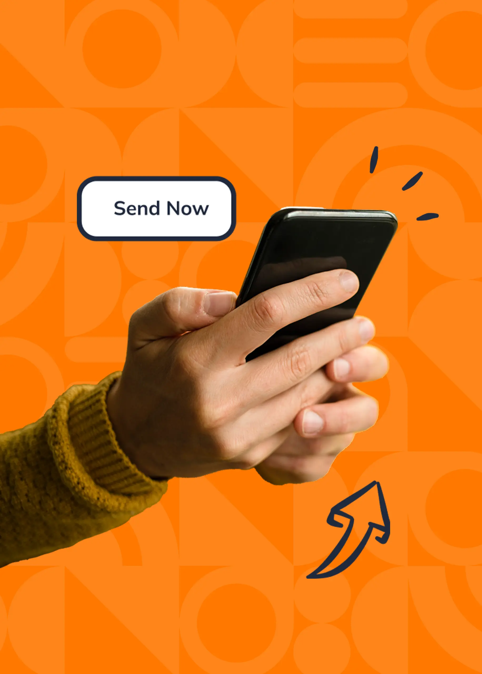 A graphic image of a person holding a phone with an orange background.