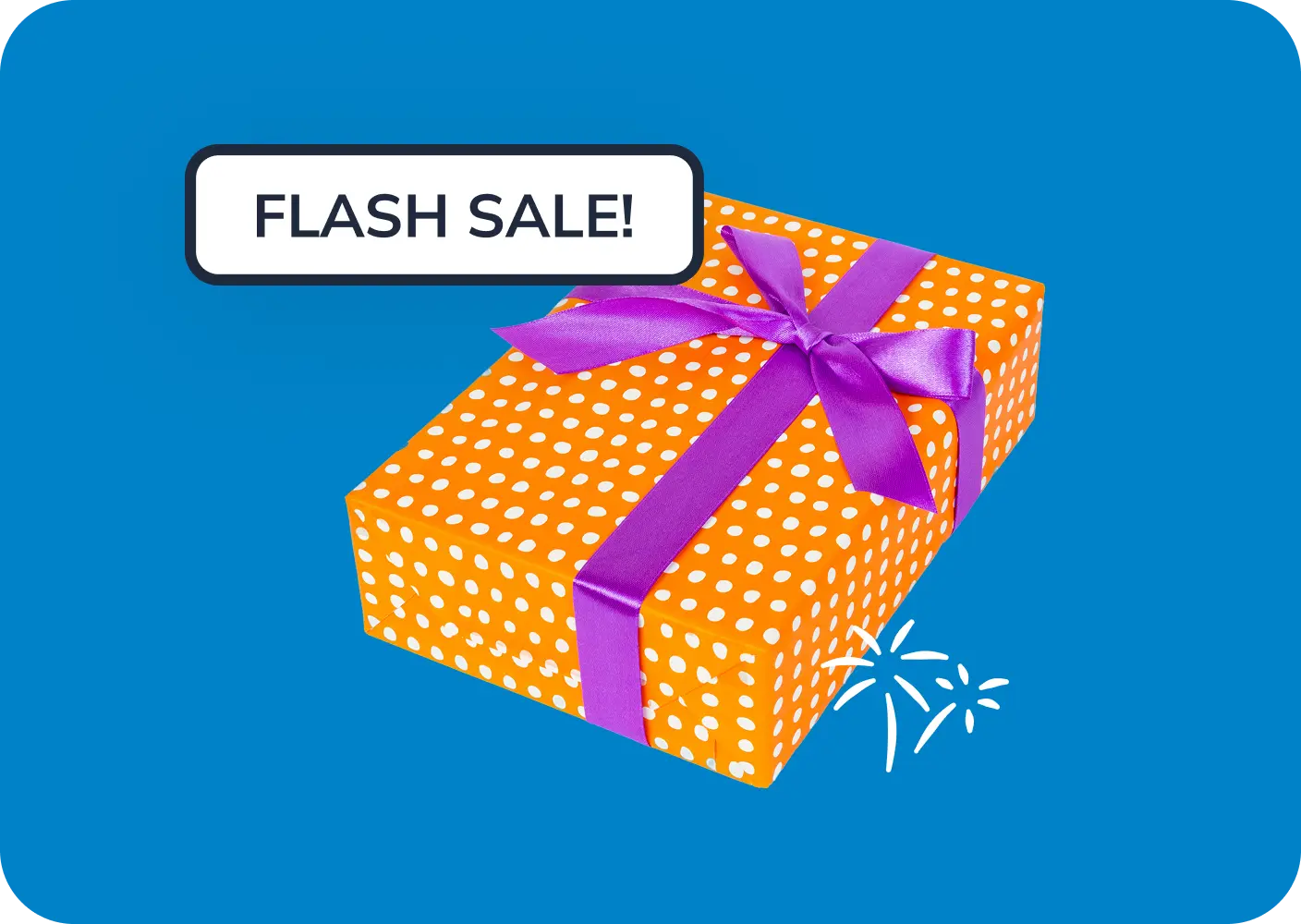 A graphic of a gift box with a flash sale banner on a blue background.