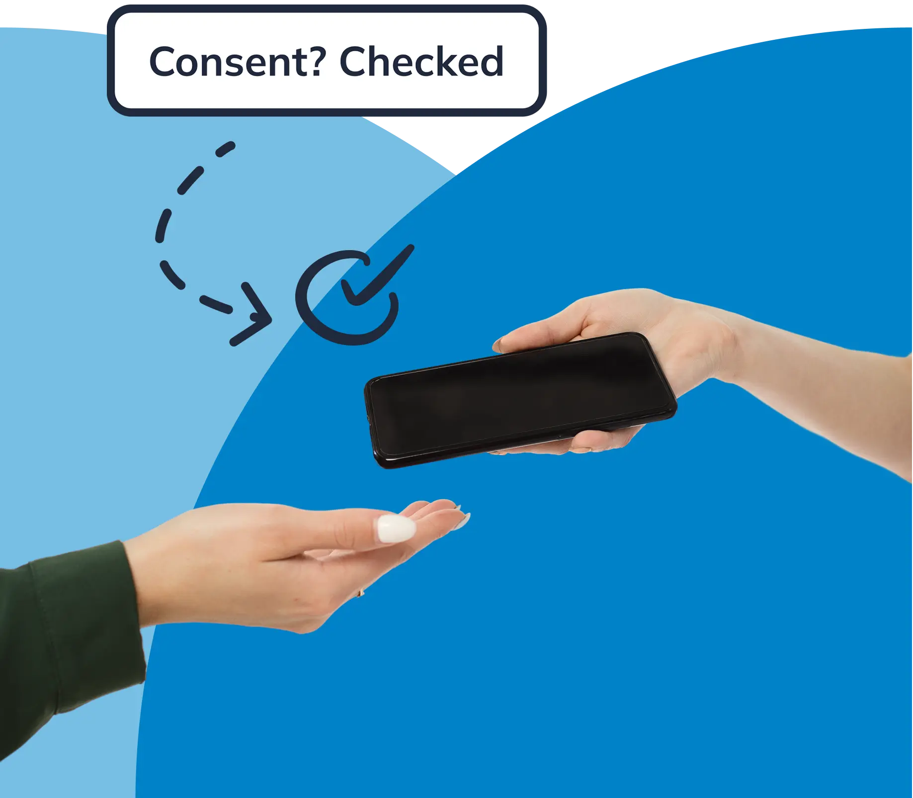 A graphic image of a person handing over a phone to someone else with a blue background.